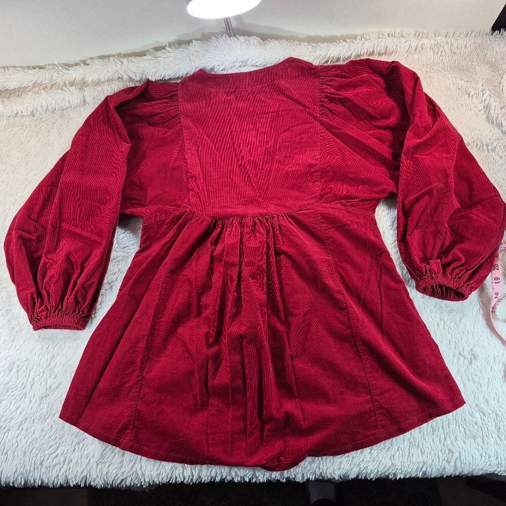 JW Style Vintage Inspired Red Corduroy Peasant Blouse Button Front Womans Small. - Picture 9 of 9